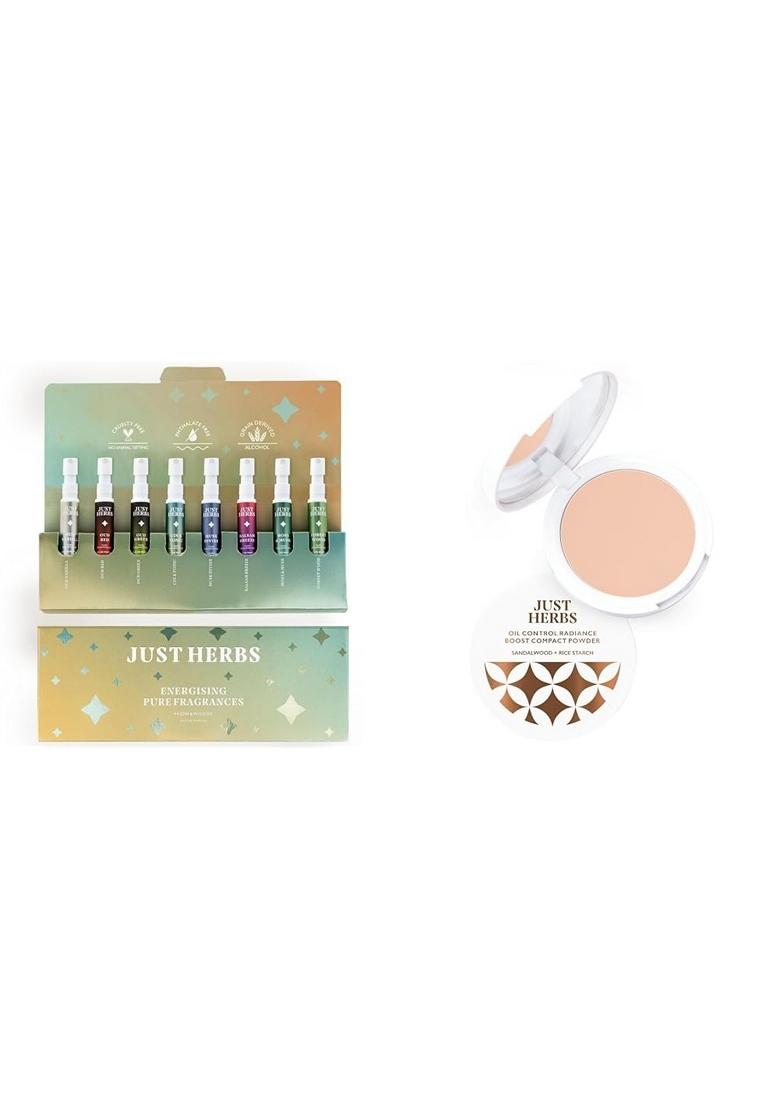 Just Herbs Unisex Wood,Fruity Edp Perfumes Trial Set Of 8 X 3Ml(Fresh&Woody)&Oil Control Radiance Booster Age Defying Compact Powder For Face Makeup 9G(Porcelain) Combo,24 Millilitres