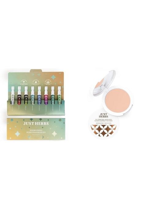 Just Herbs Unisex Wood,Fruity Edp Perfumes Trial Set Of 8 X 3Ml(Fresh&Woody)&Oil Control Radiance Booster Age Defying Compact Powder For Face Makeup 9G(Porcelain) Combo,24 Millilitres
