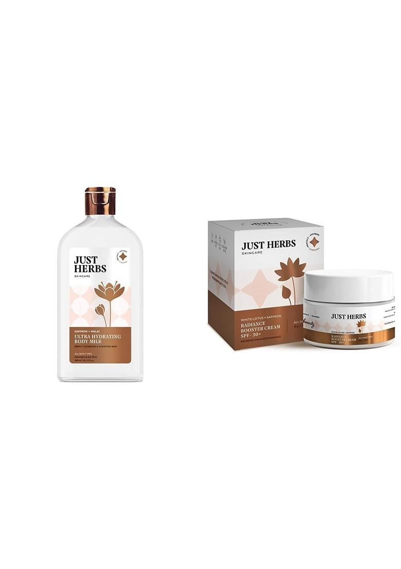 Just Herbs Saffron + Malai Nourishing Body Milk Lotion- 300Ml & Skin Whitening Face Cream With Spf 30+ And White Lotus Radiance Booster Cream- 50G Combo
