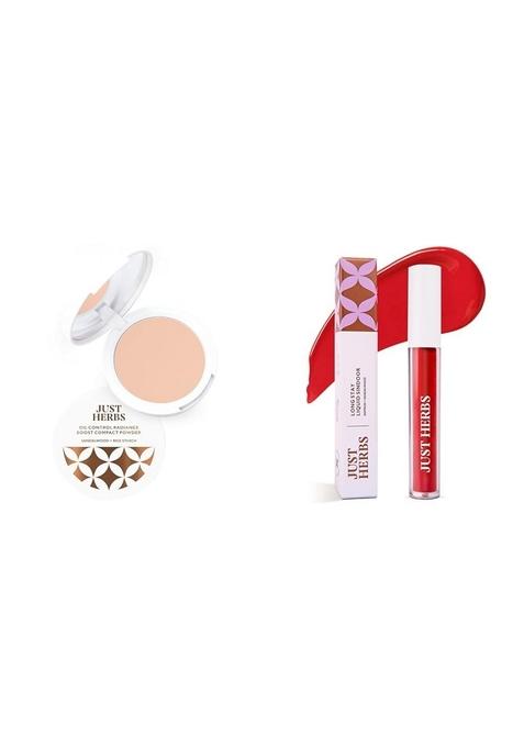 Just Herbs Oil Control Radiance Booster Age Defying Matte Compact Powder For All Skin Types Face Makeup 9G (Porcelain) & Liquid Sindoor Long Lasting Quick Dry 5G (Ruby Red) Combo,Cream