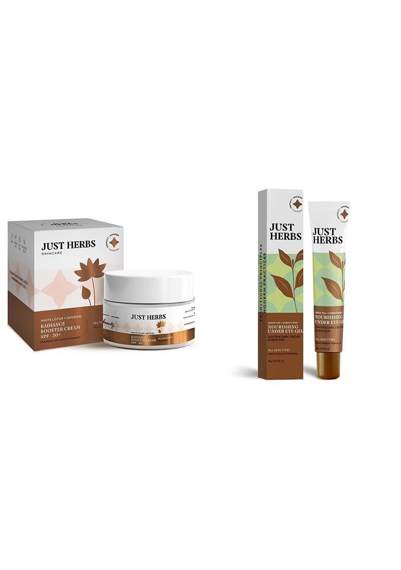 Just Herbs Skin Whitening Face Cream With Spf 30+ Saffron And White Lotus Radiance Booster Cream- 50G & Nourishing Under Eye Gel 20 Gm Combo