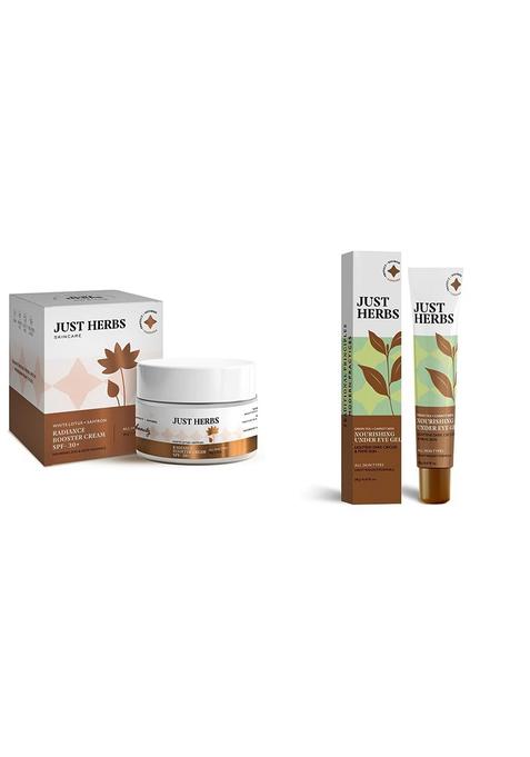 Just Herbs Skin Whitening Face Cream With Spf 30+ Saffron And White Lotus Radiance Booster Cream- 50G & Nourishing Under Eye Gel 20 Gm Combo