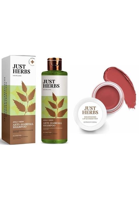Just Herbs 8 In 1 Root Nourishing Amla Neem Hair Fall Control Shampoo 200 Ml & Ayurvedic, Natural Lip Cheek Tint, Blush For Women- 02 Peachy Coral (Creamy Matte)
