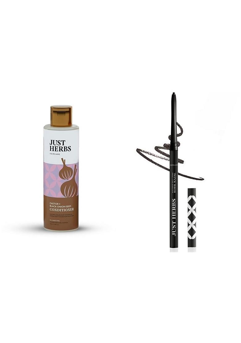 Just Herbs Castor Almond All Conditioner With Onion Black Seed Oil & Bhringraj For Hair Growth-100 Ml Retractable 2 In 1 Herbal Eyeliner + Kajal
