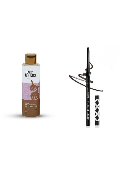 Just Herbs Castor Almond All Conditioner With Onion Black Seed Oil & Bhringraj For Hair Growth-100 Ml Retractable 2 In 1 Herbal Eyeliner + Kajal - 0.3G Combo, Count