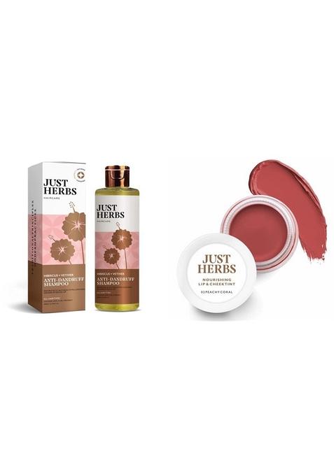 Just Herbs Dandruff Control Ayurvedic Soya Protein Shampoo & Ayurvedic, Natural Lip Cheek Tint, Blush For Women - Sls, Chemical Paraben Free 02 Peachy Coral (Creamy Matte) 200 Ml
