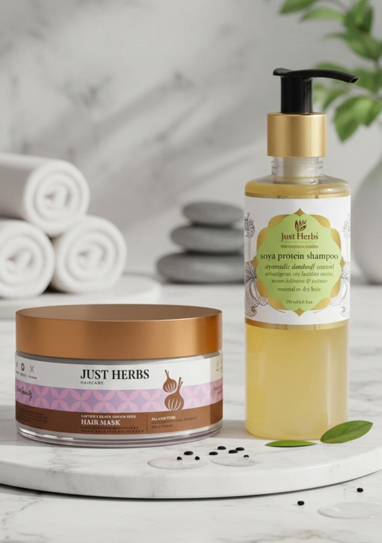 Just Herbs Dandruff Control Ayurvedic Soya Protein Shampoo & Anti Hairfall Natural Hair Mask With Castor Black Onion Seed For Dandruff, Boost Growth Spa