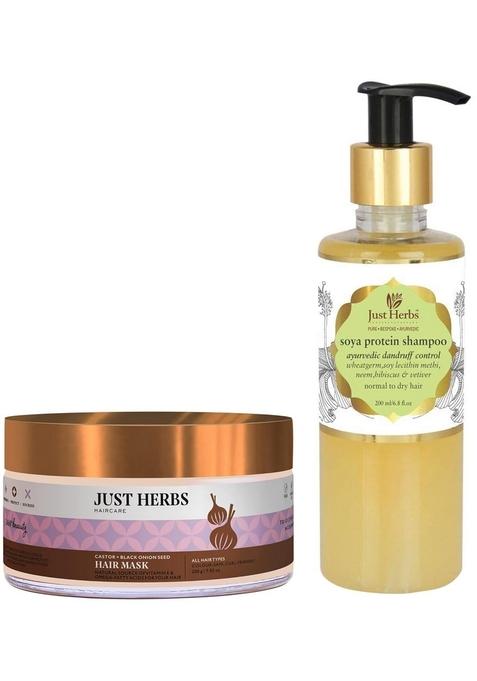 Just Herbs Dandruff Control Ayurvedic Soya Protein Shampoo & Anti Hairfall Natural Hair Mask With Castor Black Onion Seed For Dandruff, Boost Growth Spa - 200Gm