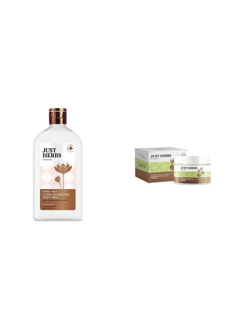 Just Herbs Saffron + Malai Nourishing Body Milk Lotion- 300Ml & Ultra-Moisturising Hydrating Vitamin C Day Night Gel Creme- 50 Gm Combo