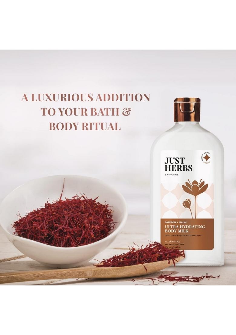 Just Herbs Saffron + Malai Nourishing Body Milk Lotion- 300Ml & Ultra-Moisturising Hydrating Vitamin C Day Night Gel Creme- 50 Gm Combo