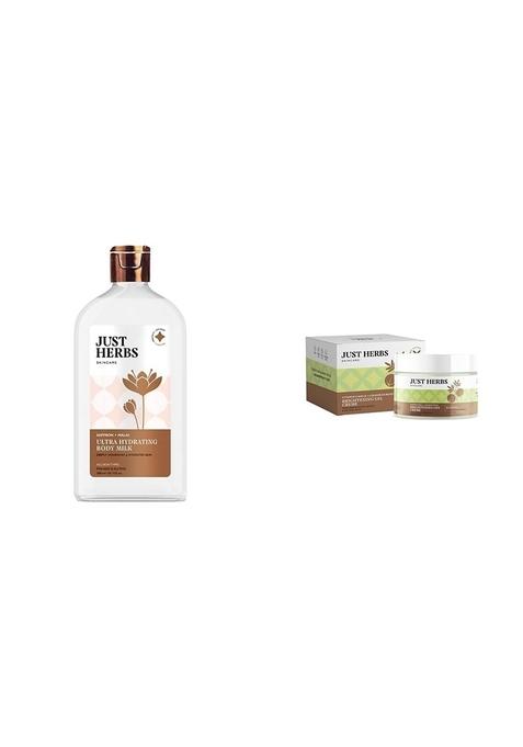 Just Herbs Saffron + Malai Nourishing Body Milk Lotion- 300Ml & Ultra-Moisturising Hydrating Vitamin C Day Night Gel Creme- 50 Gm Combo
