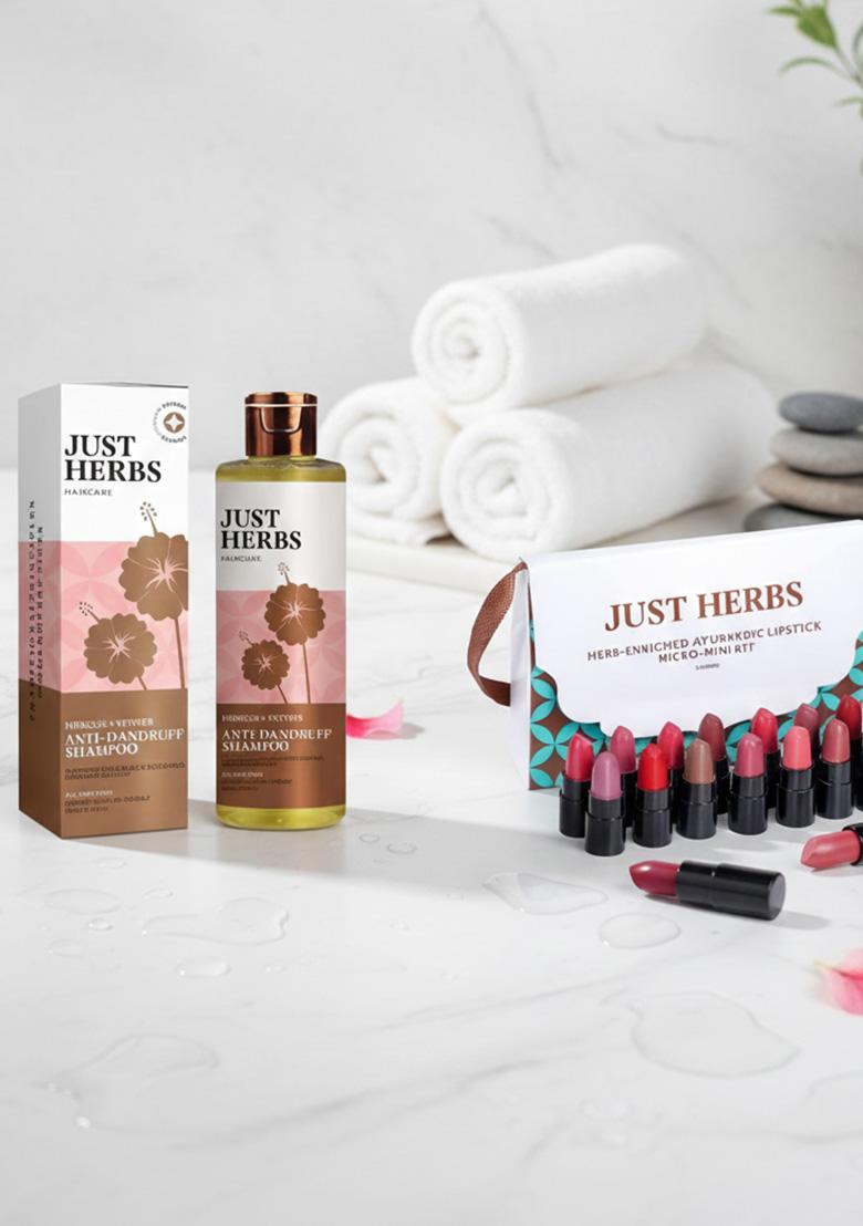 Just Herbs Dandruff Control Ayurvedic Soya Protein Shampoo & Creamy Matte Lipstick Set For Lip Hydrating Moisturizing, Suitable All Indian Tones 38Gm (Pack Of 16)