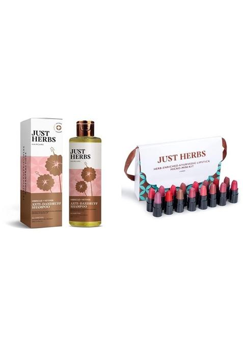 Just Herbs Dandruff Control Ayurvedic Soya Protein Shampoo & Creamy Matte Lipstick Set For Lip Hydrating Moisturizing, Suitable All Indian Tones 38Gm (Pack Of 16)