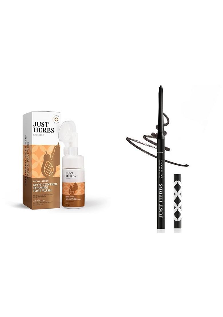Just Herbs Brightening Foaming Face Wash With Vitamin C & Retractable 2 In 1 Herbal Eyeliner + Kajal Almond Oil E Combo