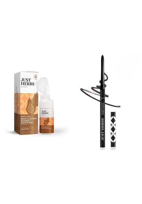 Just Herbs Brightening Foaming Face Wash With Vitamin C & Retractable 2 In 1 Herbal Eyeliner + Kajal Almond Oil E Combo