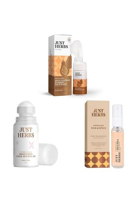 Just Herbs Brightening Foaming Face Wash With Vitamin C&Under Arm Roll On Floral Fiesta Long Lasting And Refreshing Deodorant - 50 Ml&Luxury Scent Silk&Spice Travel Friendly Perfume 10Ml