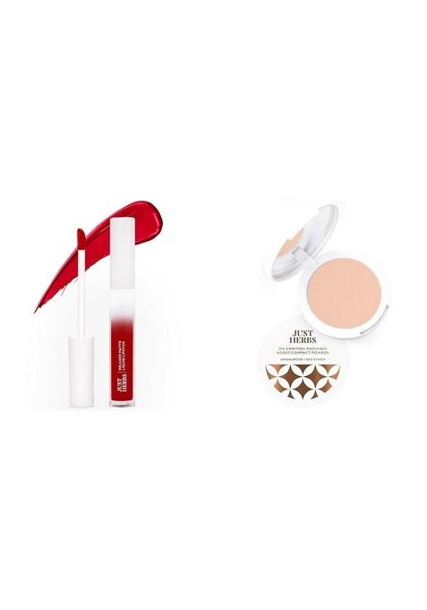 Just Herbs Relaxed Matte Liquid Lipstick Lip Colour For Women & Oil Control Radiance Booster Age Defying Compact Powder Face Makeup 9G (Porcelain) Combo