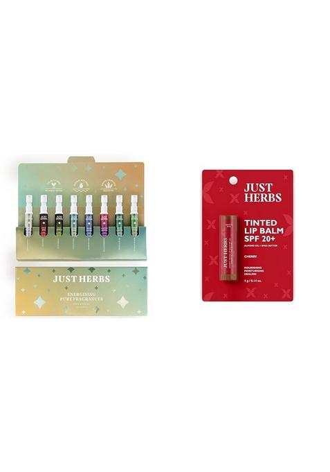 Just Herbs Unisex Vanilla Edp Perfumes Trial Set Of 8 X 3Ml (Fresh & Woody) Tinted Lip Balm With Spf 20+ For Dark Lips To Lighten 4 G (Cherry) Combo, 24 Millilitres