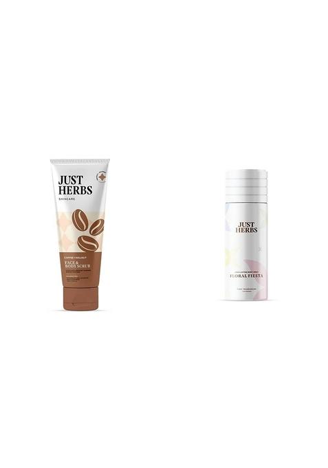 Just Herbs Coffee Body Scrub Walnut Exfoliating Detan Face & Scrub100 Ml Long Lasting- Phthalate-Free Formula,150 (Floral Fiesta) Combo