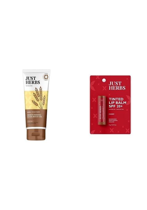 Just Herbs Spf 35+ Nosun Sunscreen Gel For Dry Skin, Lightweight, Broad Spectrum Pa 35++++- 50Ml & Tinted Lip Balm 4 G (Cherry) Combo, Pack Of 1