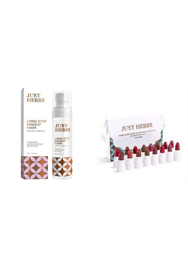 Just Herbs Long Stay Non Sticky Makeup Fixer & Ayurvedic Creamy Matte Micro Mini Lipstick Kit Lip Hydrating Moisturizing Combo, Pack Of 1 - Indya