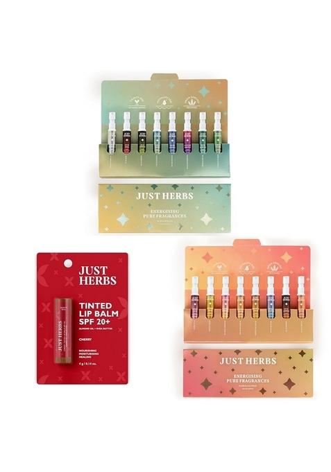 Just Herbs Edp Liquid Perfumes Trial Set Of 8 X 3Ml & Tinted Lip Balm For Unisex With Spf 20+ Dark Lips To Lighten 4 G 8(Floral Citrus)