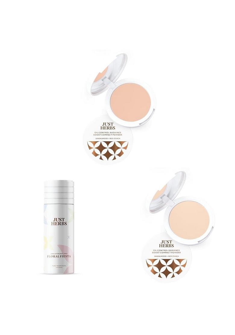 Just Herbs Oil Control Radiance Booster Age Defying Matte Compact Powder For All Skin Types 9G & 2 In 1 Herbal Eyeliner + Kajal With Body Spray, Natural Deodorant Women, 150 Ml (Multicolor)