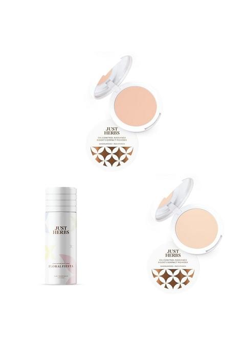 Just Herbs Oil Control Radiance Booster Age Defying Matte Compact Powder For All Skin Types 9G & 2 In 1 Herbal Eyeliner + Kajal With Body Spray, Natural Deodorant Women, 150 Ml (Multicolor)