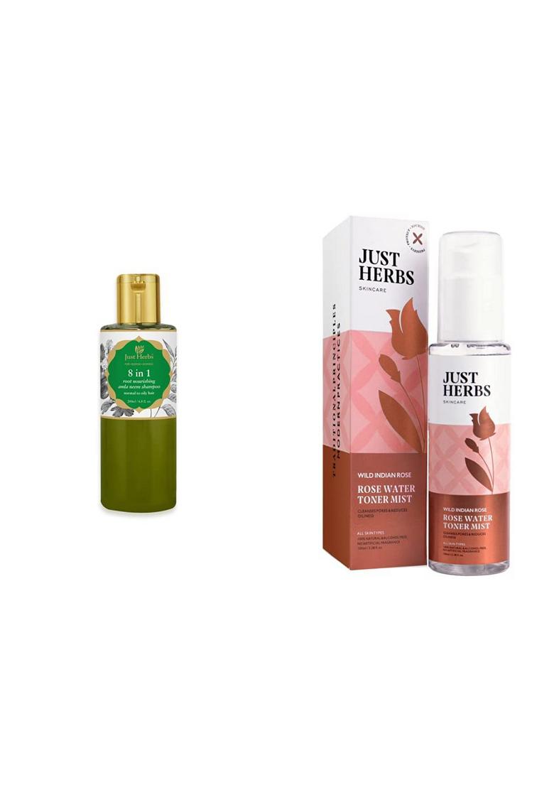 Just Herbs 8 In 1 Root Nourishing Amla Neem Hair Fall Control Shampoo 200 Ml & Ayurvedic Gulab Jal/Rose Water Spray Facial Mist Toner 100Ml