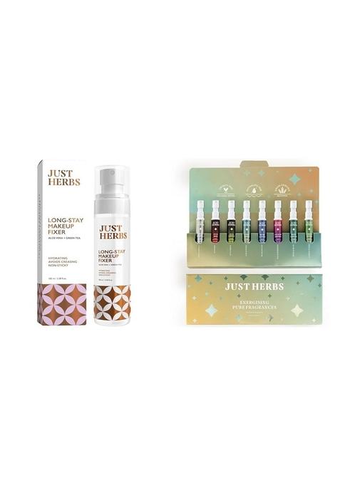Just Herbs Long Stay Non Sticky Makeup Fixer & Edp Perfumes Trial Set Of 8 X 3Ml Lasting Pocket Perfume Fragrances For Men And Women (Fresh Woody) Combo