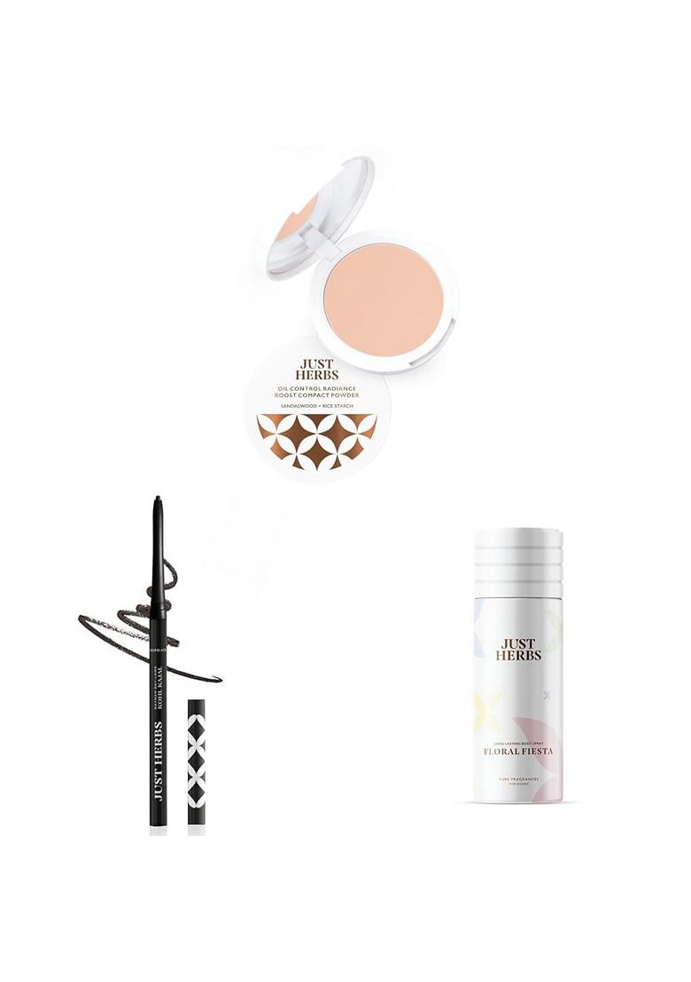 Just Herbs Oil Control Radiance Booster Age Defying Matte Compact Powder For All Skin Types 9G & 2 In 1 Herbal Eyeliner + Kajal With Body Spray, Natural Deodorant Women,150 Ml Multicolor