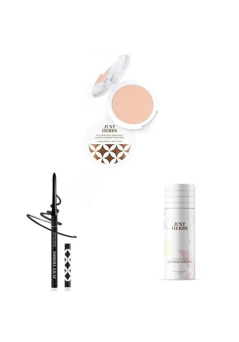 Just Herbs Oil Control Radiance Booster Age Defying Matte Compact Powder For All Skin Types 9G & 2 In 1 Herbal Eyeliner + Kajal With Body Spray, Natural Deodorant Women,150 Ml Multicolor