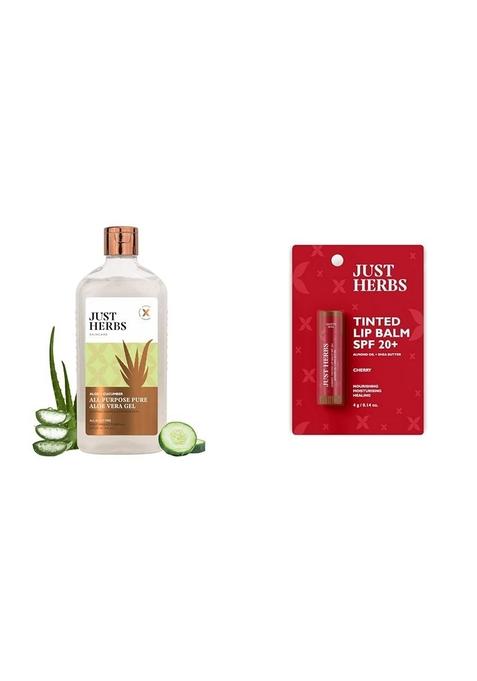 Just Herbs Multi Purpose Aloe + Cucumber & Tinted Lip Balm For Men And Women With Spf 20+ Dark Lips To Lighten 4 G (Cherry) Combo