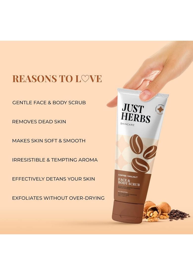 Just Herbs Coffee Body Scrub Walnut Exfoliating Detan Face & Scrub100 Ml Tinted Lip Balm 4 G (Cherry) Combo