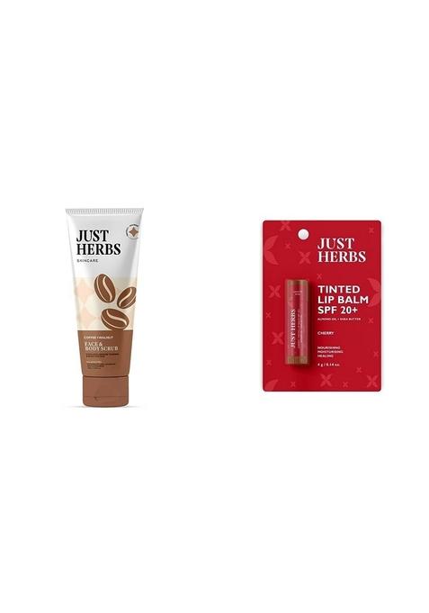 Just Herbs Coffee Body Scrub Walnut Exfoliating Detan Face & Scrub100 Ml Tinted Lip Balm 4 G (Cherry) Combo