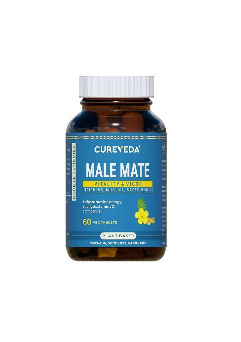 Cureveda Herbal Male Mate | Testosterone Support Supplement For Men Tribulus, Mucuna, Safed Musli 60 Tab - Indya