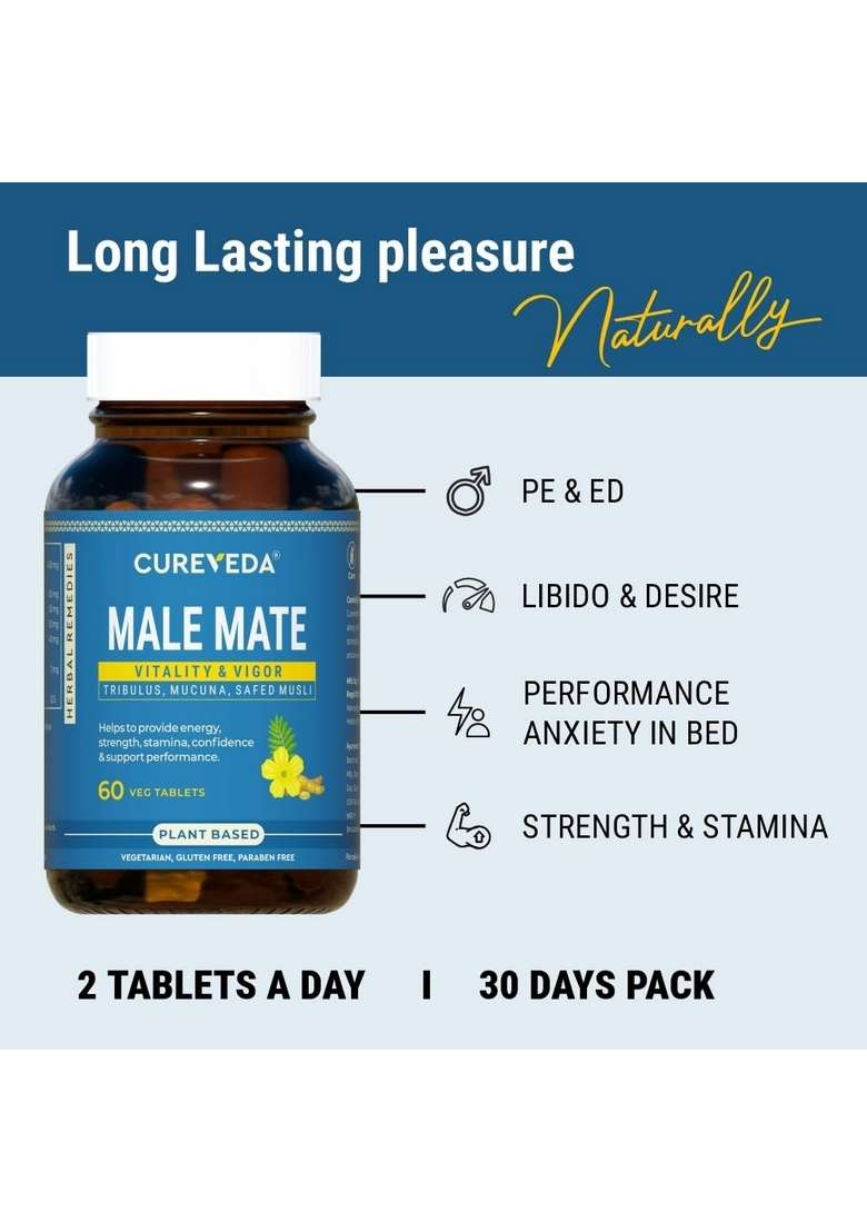 Cureveda Herbal Male Mate | Testosterone Support Supplement For Men Tribulus, Mucuna, Safed Musli 60 Tab - Indya