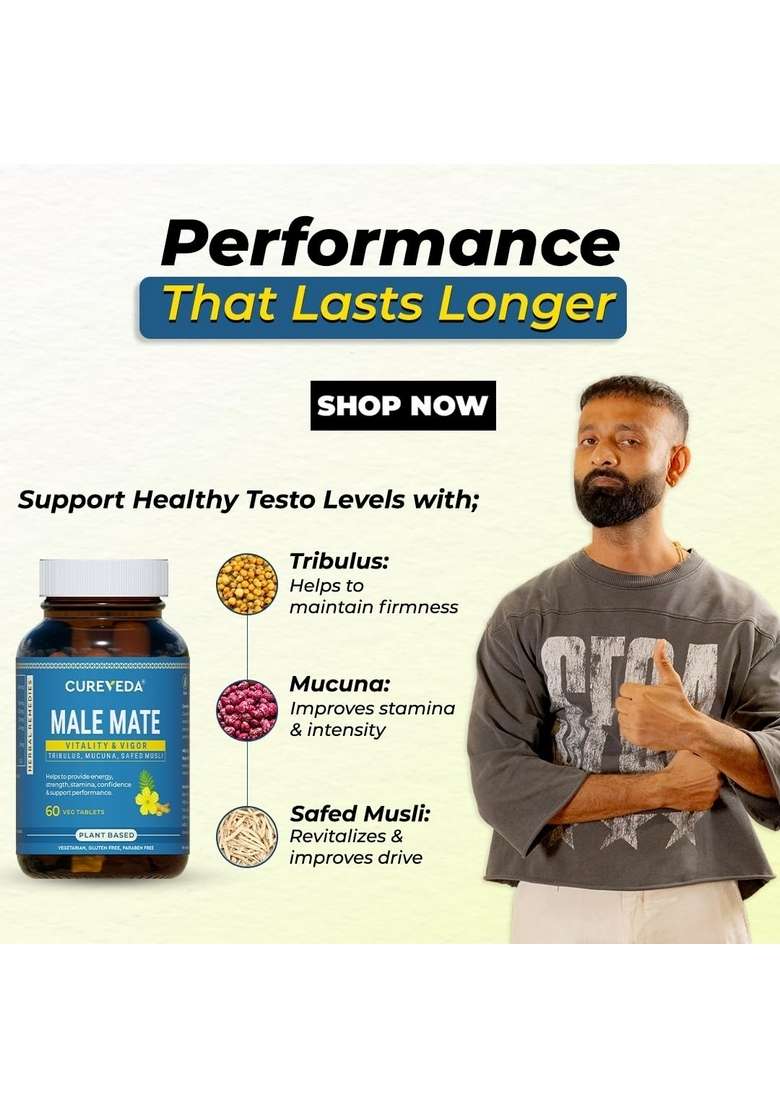 Cureveda Herbal Male Mate | Testosterone Support Supplement For Men Tribulus, Mucuna, Safed Musli 60 Tab - Indya