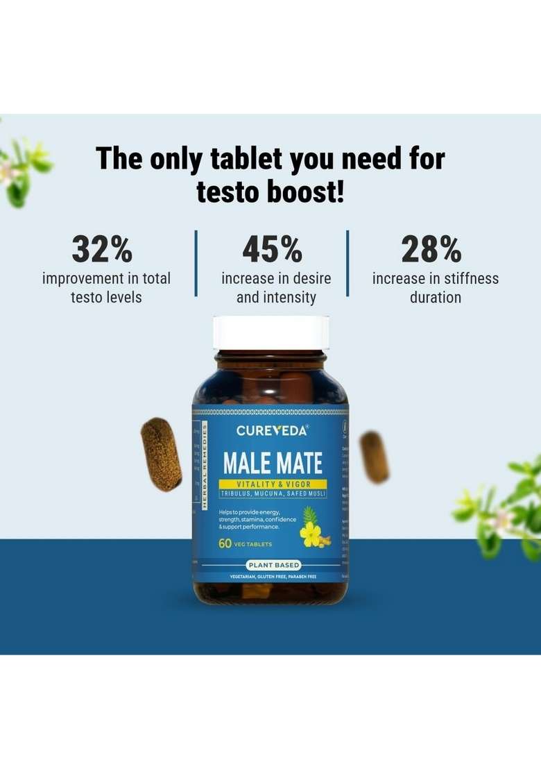 Cureveda Herbal Male Mate | Testosterone Support Supplement For Men Tribulus, Mucuna, Safed Musli 60 Tab - Indya
