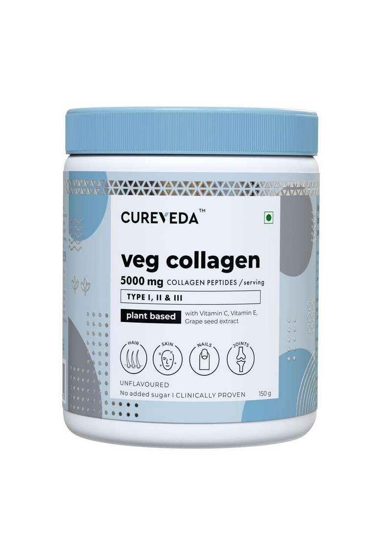Cureveda Veg Collagen 5000Mg Peptide With Added Vitamin C & E, Grapeseed Extract For Healthy Skin, Hair Nails | Men Women - 150 Gm Powder Unflavoured - Indya