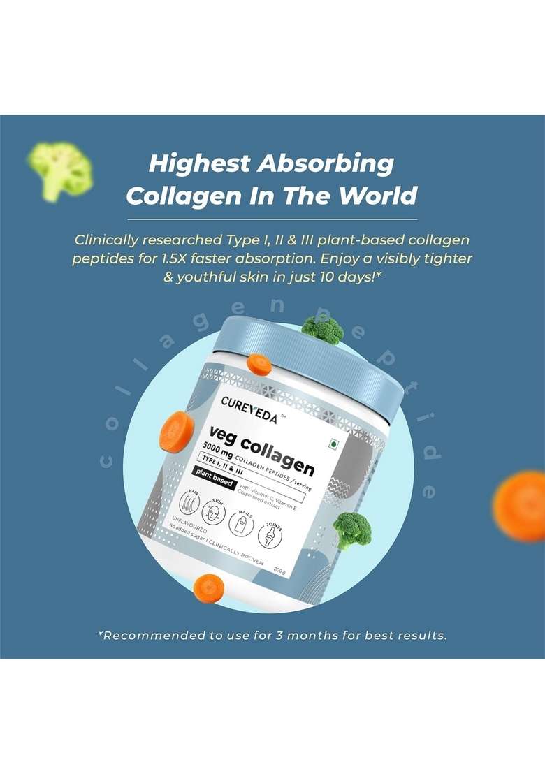 Cureveda Veg Collagen 5000Mg Peptide With Added Vitamin C & E, Grapeseed Extract For Healthy Skin, Hair Nails | Men Women - 150 Gm Powder Unflavoured - Indya