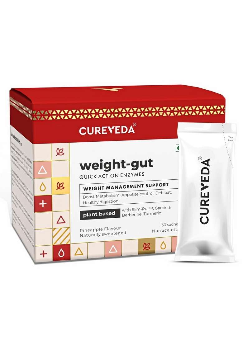Cureveda Weight Gut - Natural Management | Plant Based With Slim-Pur, Berberine, Garcinia & Turmeric Supplement For Women Men Supports Fat Burn Loss 30 Sachets - Indya