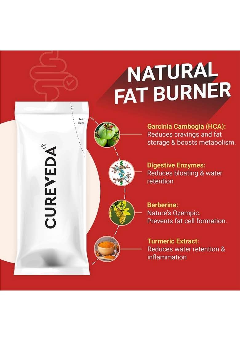 Cureveda Weight Gut - Natural Management | Plant Based With Slim-Pur, Berberine, Garcinia & Turmeric Supplement For Women Men Supports Fat Burn Loss 30 Sachets - Indya