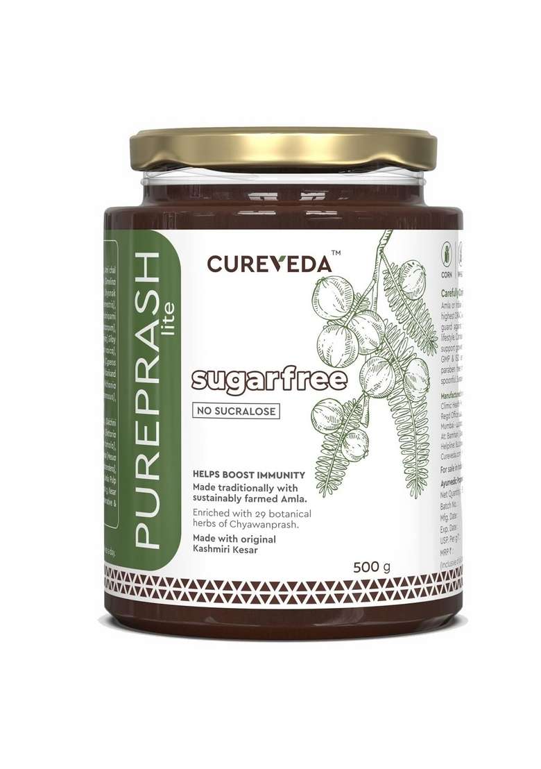 Cureveda Pureprash Lite-Sugarfree Chyawanprash, Safe For Diabetics, Low Calories, Organic Immunity Booster All Age Groups With Saffron/Kesar, No Added Sugar, Sucralose (500Gm) - Indya