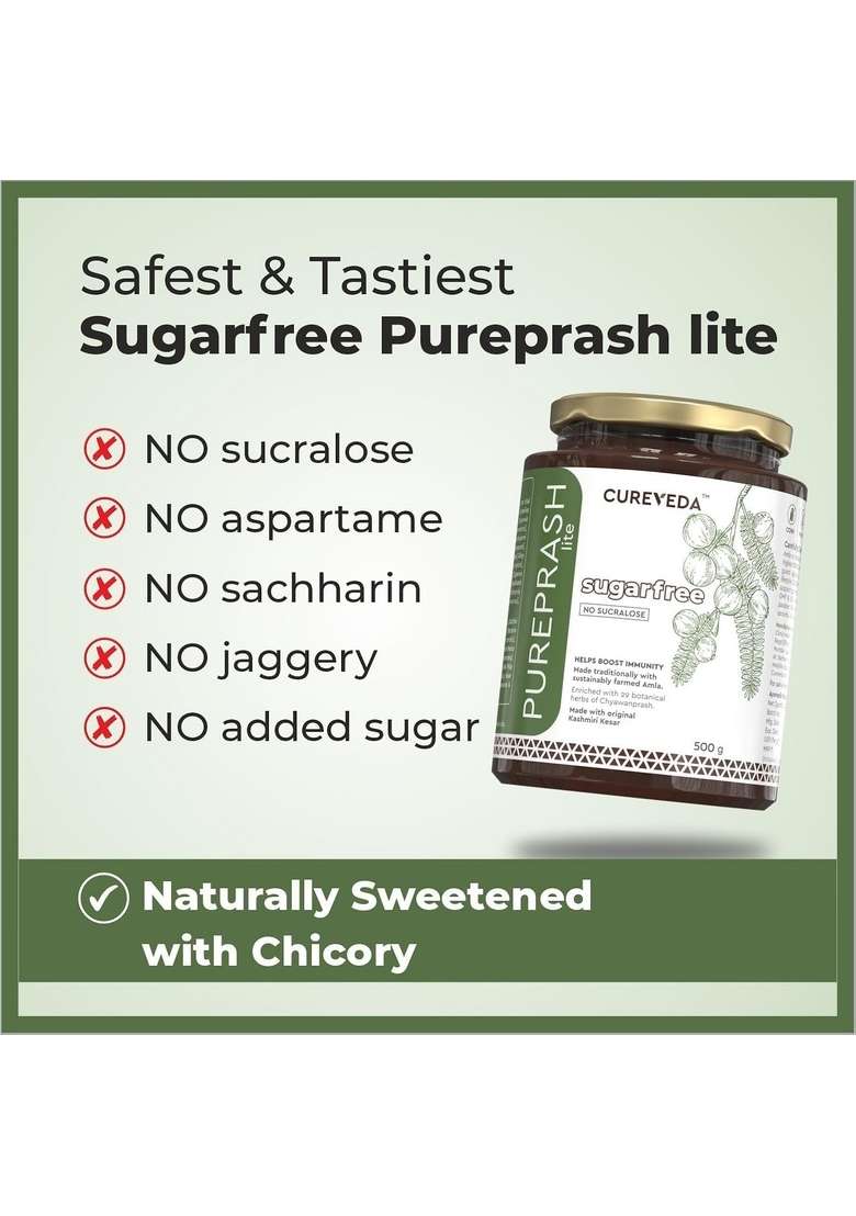 Cureveda Pureprash Lite-Sugarfree Chyawanprash, Safe For Diabetics, Low Calories, Organic Immunity Booster All Age Groups With Saffron/Kesar, No Added Sugar, Sucralose (500Gm) - Indya