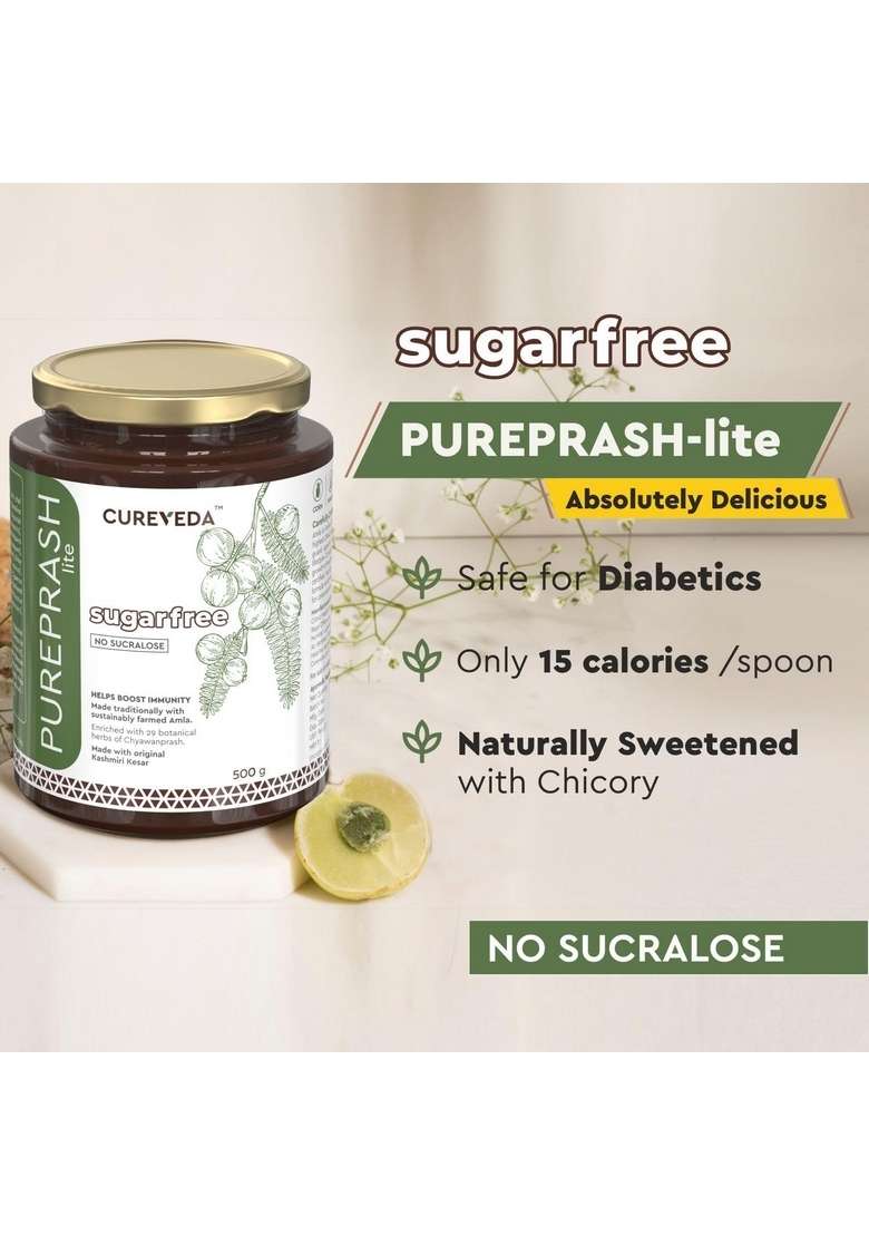 Cureveda Pureprash Lite-Sugarfree Chyawanprash, Safe For Diabetics, Low Calories, Organic Immunity Booster All Age Groups With Saffron/Kesar, No Added Sugar, Sucralose (500Gm) - Indya