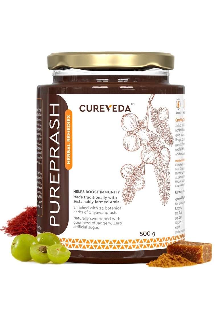Cureveda Herbal Pureprash Immunity Booster For All Age Groups- Jaggery Based, Saffron Kesar, Sugar Free Chyawanprash (500Gms) - Indya