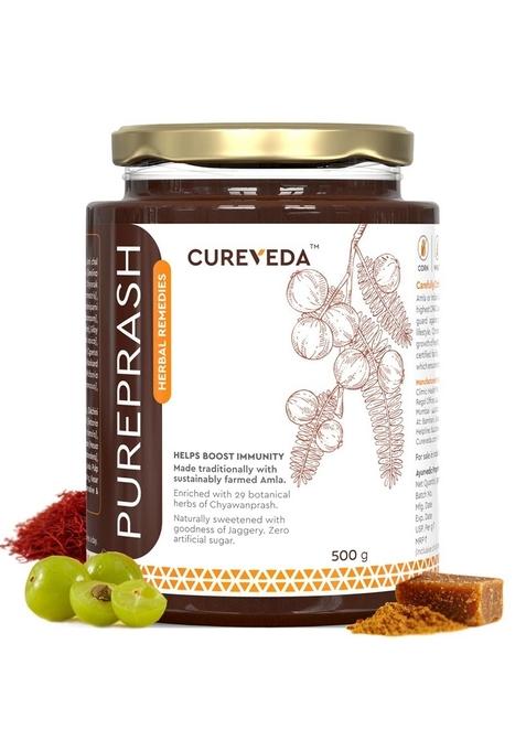 Cureveda Herbal Pureprash Immunity Booster For All Age Groups- Jaggery Based, Saffron Kesar, Sugar Free Chyawanprash (500Gms)
