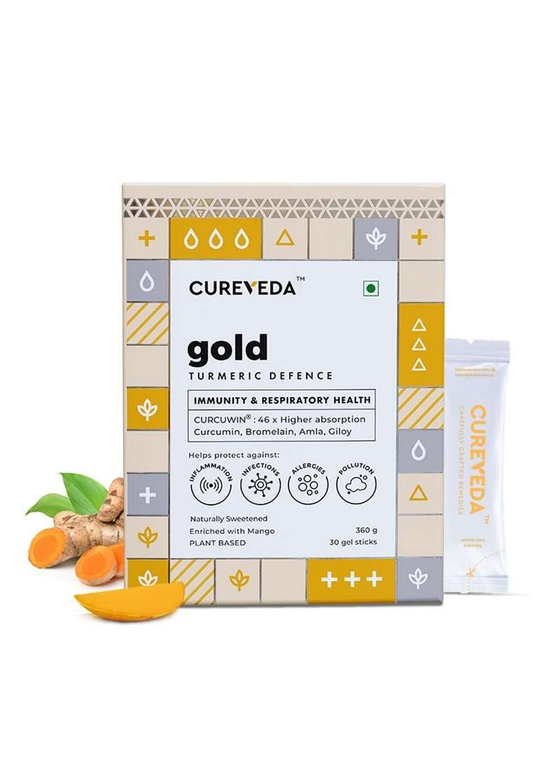 Cureveda Gold Turmeric Curcumin - Curcuwin® 46X Higher Absorption With Bromelain Amla & Giloy For Immunity, Lung Detox Natural Antioxidant Joint Health Anti Inflammatory Supplement 30 Sachets - Indya