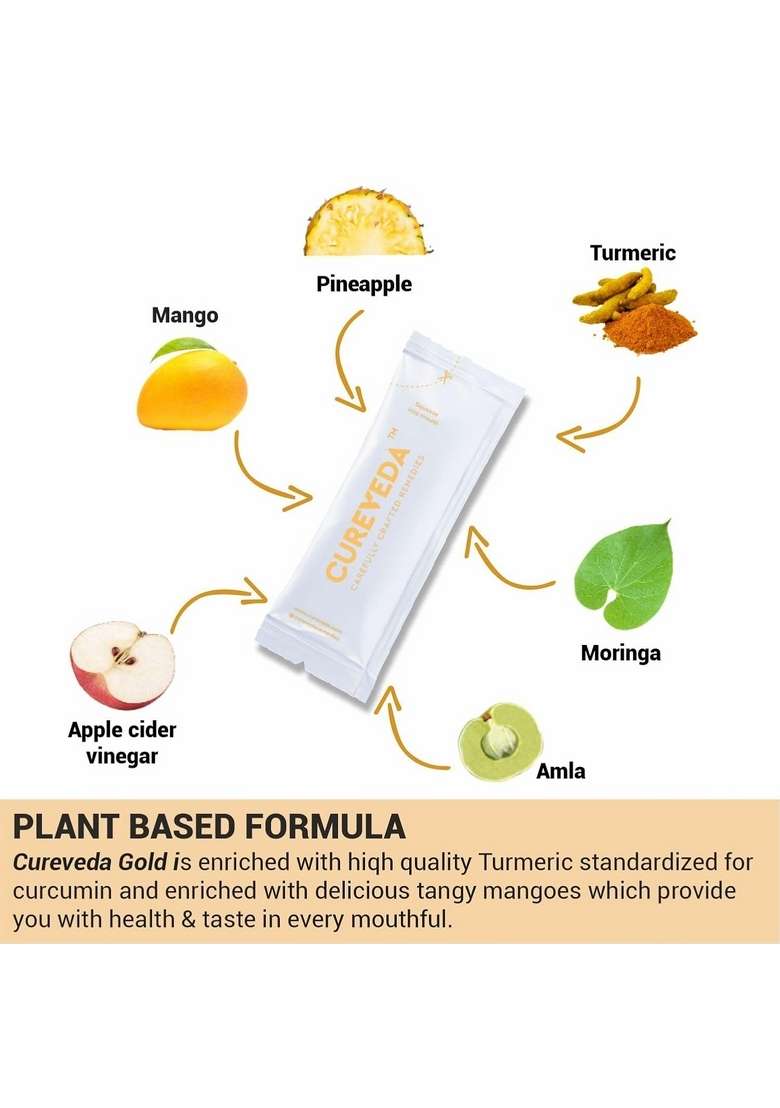 Cureveda Gold Turmeric Curcumin - Curcuwin® 46X Higher Absorption With Bromelain Amla & Giloy For Immunity, Lung Detox Natural Antioxidant Joint Health Anti Inflammatory Supplement 30 Sachets - Indya